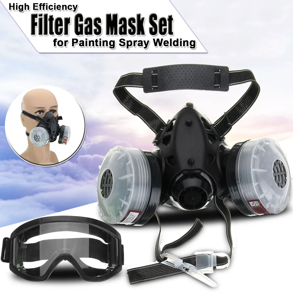Goede 4 in 1 Half Gezicht Gasmasker Met Anti fog Glazen N95 Chemische Stofmasker Filter Ademhaling Maskers voor schilderen Spray Lassen