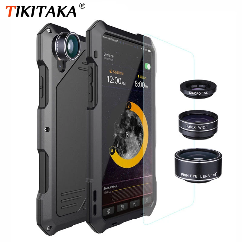 

3 in 1 Fisheyes macro Lens Phone Case For iPhone XS Max XR 8 7 6 6s Plus Cover Metal Silicone Shockproof Armor Case + Glass Film