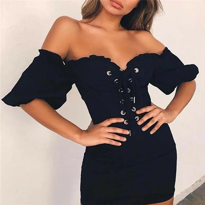 

Women Lady Summer Off Shoulder Frill Mini Dress Bandage Short Sleeve Bodycon Dresses Solid Casual Strapless Women Dress 2019