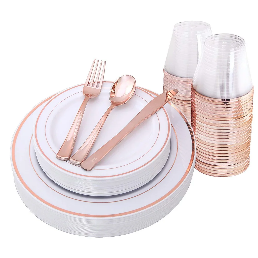450 Piece Rose Gold Plastic Dinnerware Set 100 Paper Napkins, 100 Rose Gold Rimmed Plastic Plates 50 Rose Gold Rimmed Plastic Cups Rose Gold Disposable Plates Set For 50 Guest 