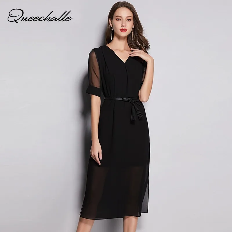 

2019 Summer Chiffon Dress Black V neck Short Sleeve Belt Slim Waist Elegant Dress Women L - 5XL Plus Size Sexy Split Long Dress