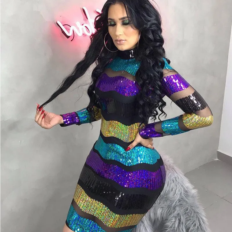 

Mesh Sheer Striped Sequin Dress Women Long Sleeve Bodycon Sexy Mini Dress Sheath Elegant Club Sparkly Party Dresses Vestidos