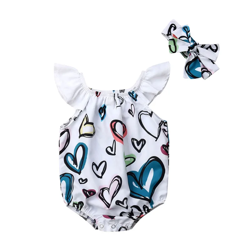 pudcoco Newborn Baby Girl heart Print Bodysuit Jumpsuit Summer Bebe