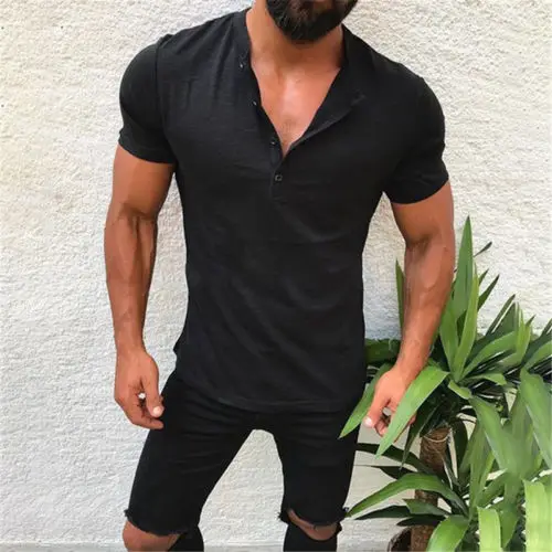 Мужская облегающая футболка с v-образным вырезом и коротким рукавом, повседневные топы, футболки Хенли, одноцветная модная футболка с кнопками, мужская новая модная одежда