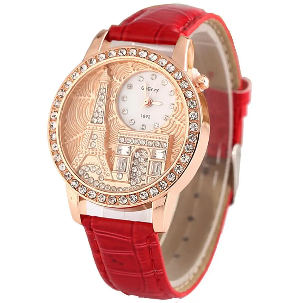LinTimes Women Watches Luxury Rhinestone Eiffel Tower Watch Leather Strap Women Quartz