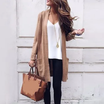

2019 Upper Garment Woman Long Solid Color Pocket Knitting Cardigan Sweater