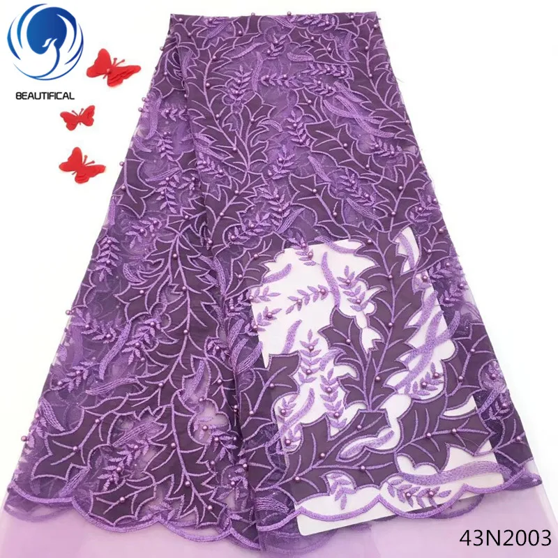 

Beautifical nigerian lace fabrics with beads 5yard/lot fashion purple velvet fabric high quality tulle lace fabric 2019 43N20