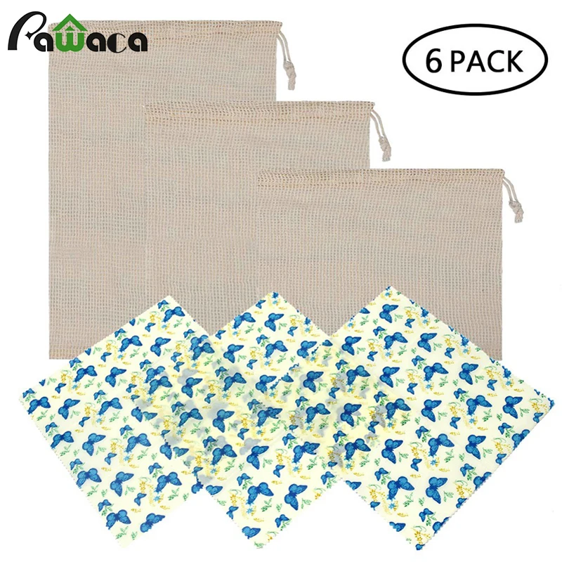 

6pcs Reusable Washable Beeswax Food Wrap Seal Food Fresh Keeping Wrap Lid Cover Stretch Mesh Produce Bags Shopping Organize Bag