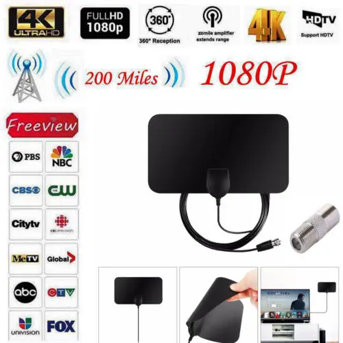 

Ultra Thin Flat Indoor HDTV Amplified HD TV Signal Antenna 16FT Coax 200 Mile