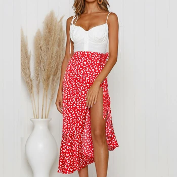 

Summer Ladies Boho Floral Leopard Print Skirt New Women Lace Up Ruffled High Waist Long Skirts Beach Sundress Holiday Casual