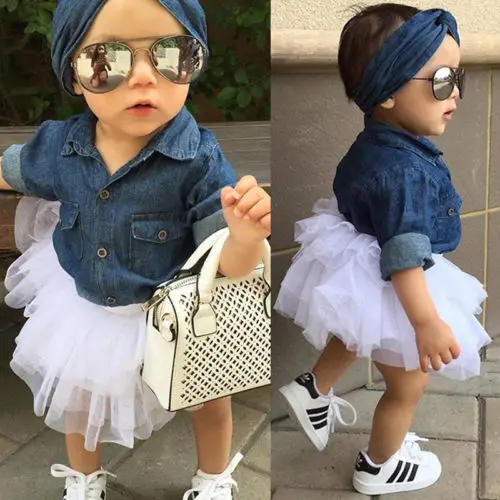 

Newest Kids Baby Girl Denim Shirt Clothes+Lace Tulle Ball Gown Skirts Headband 3 Pieces Outfits Set