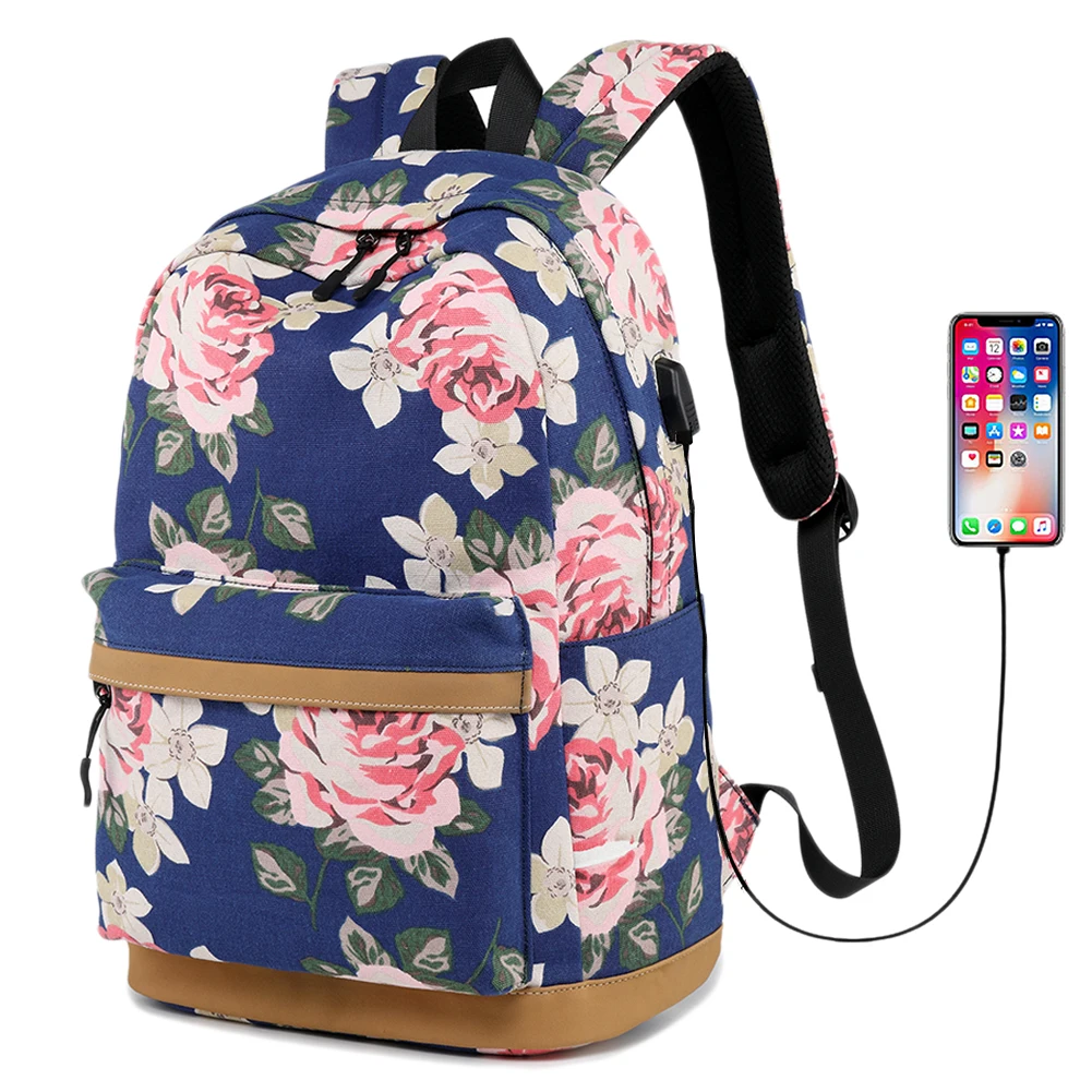 

Women Retro Flower Print Multi-pocket Working Backpack School Laptop Student Girl Travel Laptop USB Port Bookbag