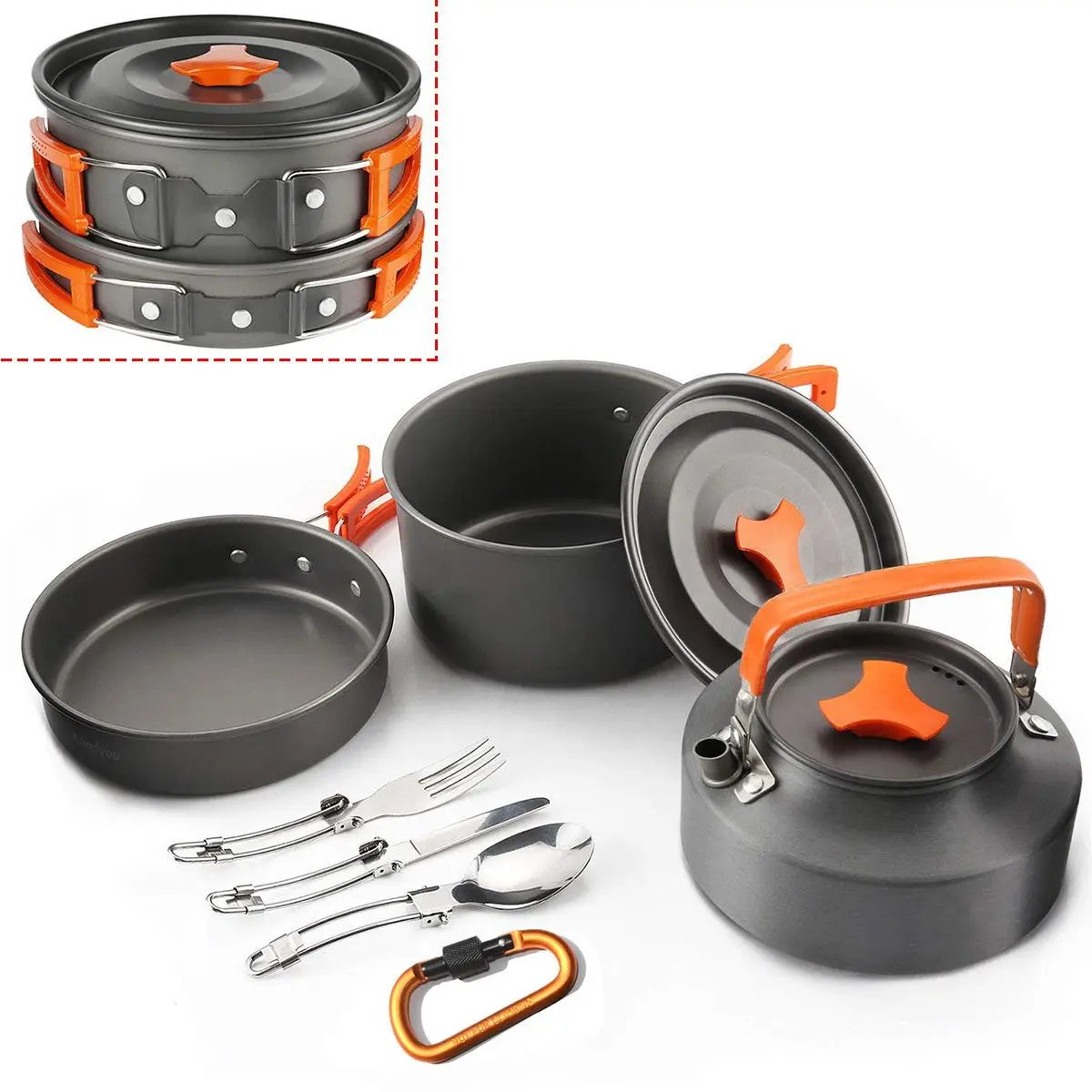 

2-3 People 10Pcs Outdoor Pots Pans Camping Cooking Cookware Set Kit Non-stick Tableware With Foldable Spoon Fork Knife Kettle