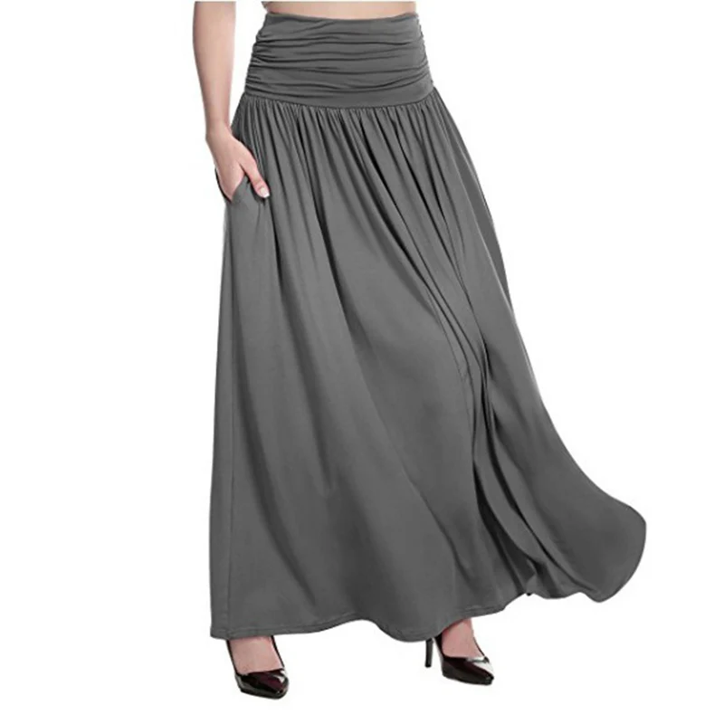 Summer Women Fashion Solid Color High Waist Skirt Pleated Retro Elastic Waist