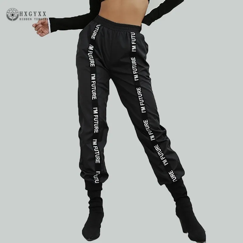 

2019 Spring Casual Black Track Pants Women Haren Pants High Waist Trousers Letters Print Streetwear Sweatpants Jogegrs Okd788