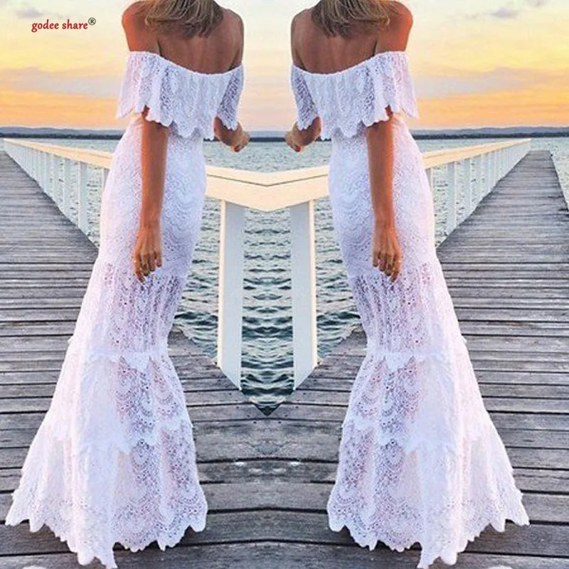 

Fashion Women Lace Dress Summer Sleeveless Ruffles Beach Long Dresses Sexy Slash Neck Women Maxi Dress Female Clothes