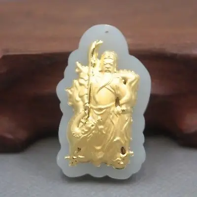Certificate Pure 999 24K Yellow Gold Hetian Jade Women Men Guangong Pendant
