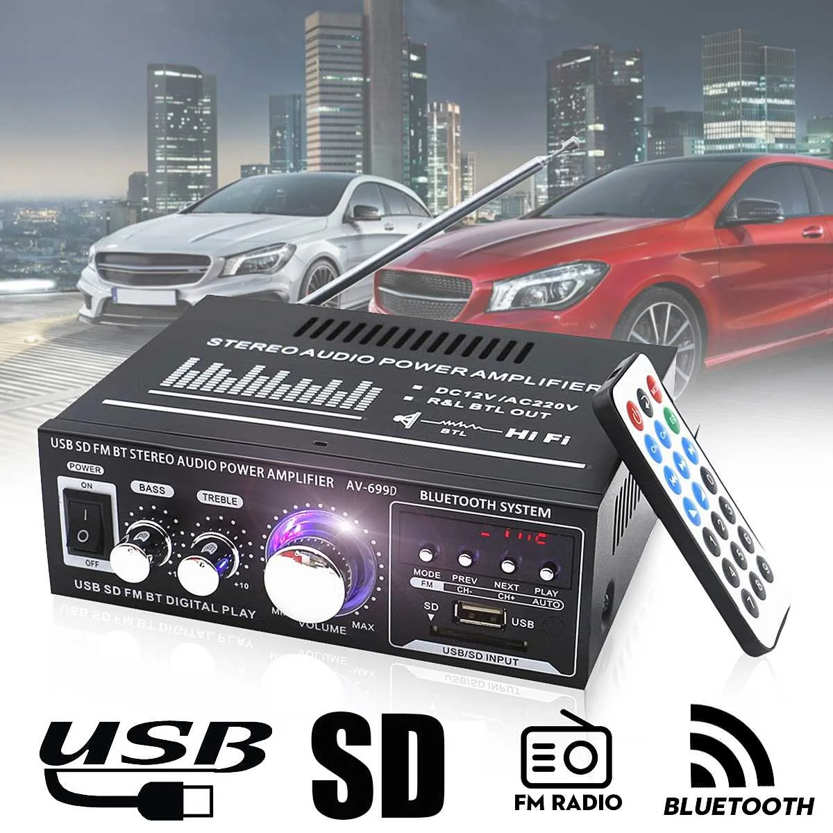 Baratos 12 V 220 V 400W 2 canales bluetooth amplificador estéreo de alta fidelidad USB SD Radio FM POTENCIA ESTÉREO coche amplificador Audio inicio amplificador