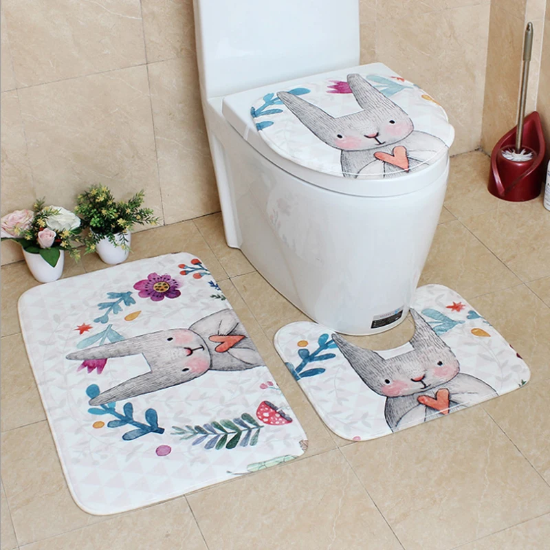 

3pcs Set Cartoon Cute Toilet Bath Mat Rabbit Animal Pattern Bathroom Set Mat Toilet Rugs Suede Anti-slip Toilet Cover Bath Sets