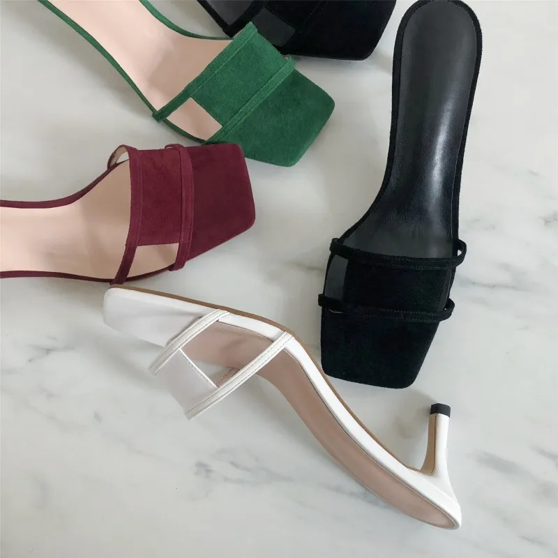

New Solid Color Woman Slides in Square Open Toe Hollow Pattern with Mid High Thin Heel Size 34-41 For Spring Summer Casual