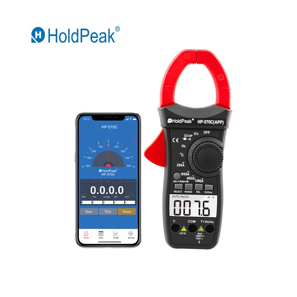 Цена HoldPeak Цифровой мультиметр зажим HP 570C APP 1000A AC DC Ток Напряжение емкость измеритель температуры подключение к телефону тестер