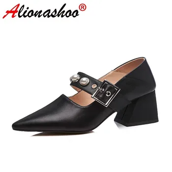 

2019 Fashion Women mid Heels Pearl Ladies Shallow Mouth Square Heel Casual Single Shoes Ankle Strap Women Shoes sapato feminino
