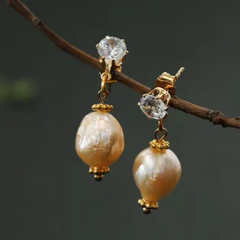

New Bohemia Woman's Long Drop Earring CZ Stone Stud Earring 925 Sterling Silver Gold Color Plating with Pink Baroque Pearls