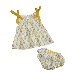Модный комплект одежды из 2 шт./компл. для новорожденных и маленьких девочек, летняя футболка с принтом лимона и оборками + шорты, комплект