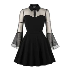 Birthday Dress Women Elegant Black Mesh Patchwork Flare Sleeve Vintage 1920s Cocktail Party Plus Size Pleated Skater Dress plus embroidered mesh insert pleated sleeve bardot dress