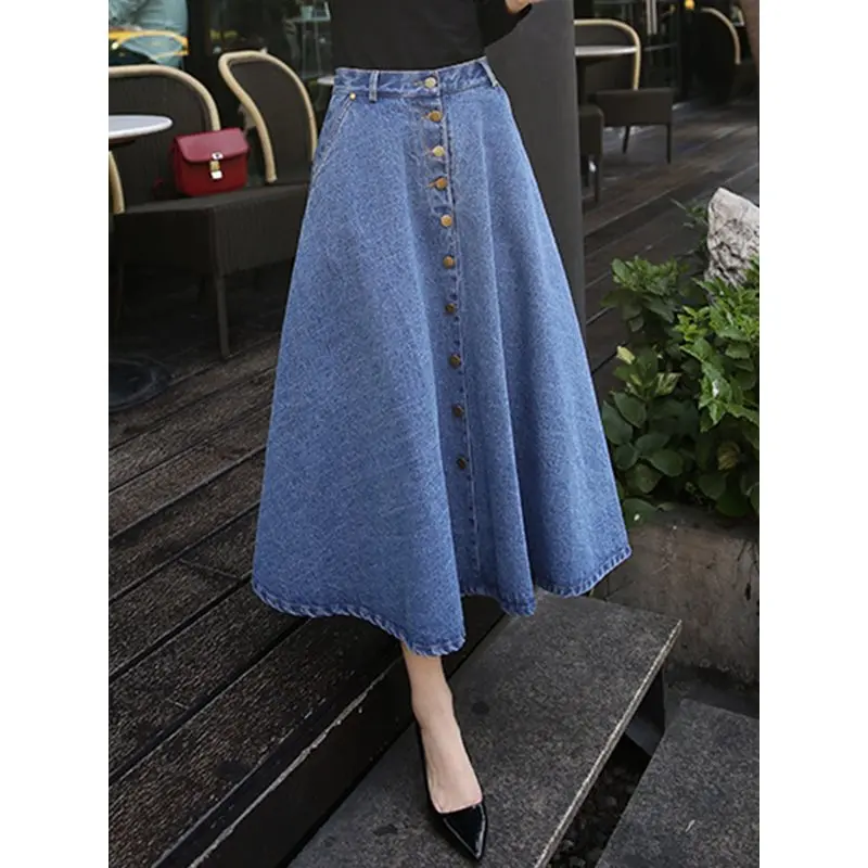 

Denim Skirt High Waist Vintage Summer 2019 School Casual Korean Fashion Button Street Blue Elegant A Line Chic Maxi Skirts Girl