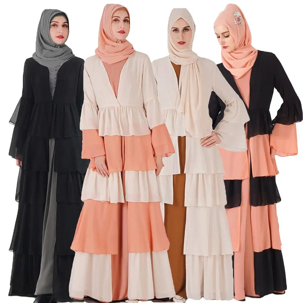

Muslim Women Abaya Maxi Dress Open Front Cardigan Ruffle Patchwork Robe Jilbab Kaftan Kimono Ramadan Bell Sleeve V-neck Fashion