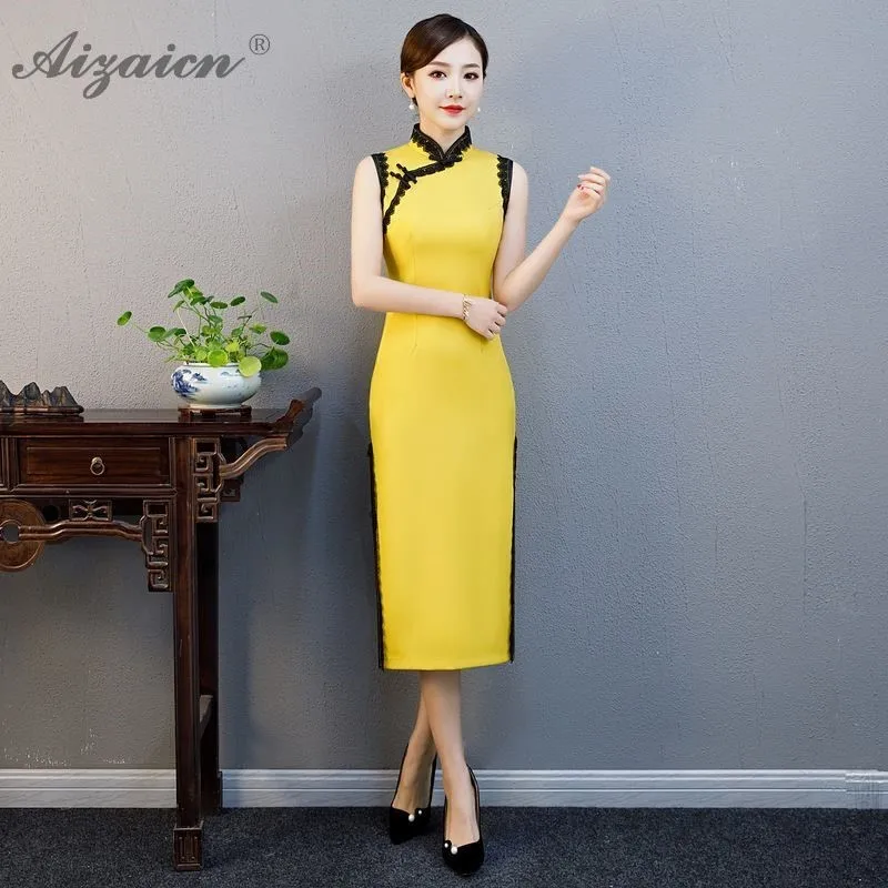 Весна Лето Новые Длинные Cheongsam современные тонкие без рукавов Qi Pao Chinoise желтые кружевные платья женское китайское платье Qipao Robe