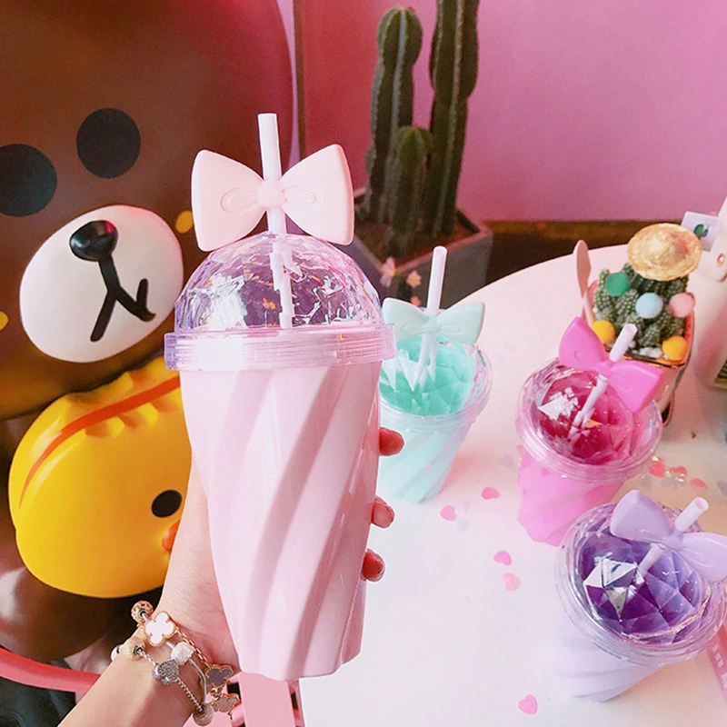 

Lovely 400ML Candy Color Lemon Juice Coffee Cup Bowknot Straw Cup With Lid Straw Water Plastic Cup