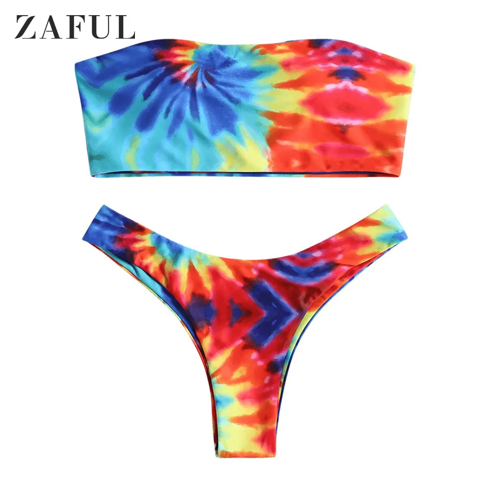 

ZAFUL Women Bikini Set Strapless Neckline High Cut Tie Dye Bandeau Bikini Lady Sexy Swimwear Summer Beach Swimsuit Bathing Suit