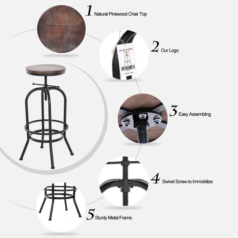 iKayaa bar Chairs Industrial Style Height Adjustable Swivel Bar Stool Natural Pinewood Top Kitchen Dining Breakfast Chair