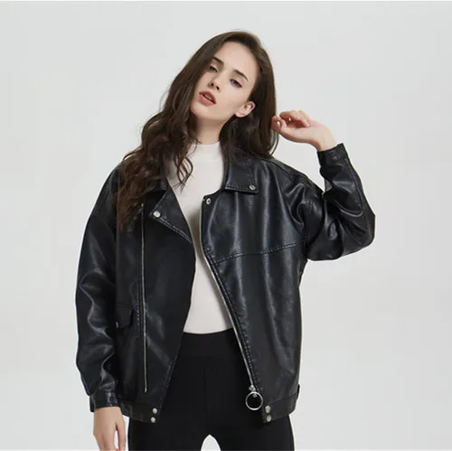 

Women Leather Jackets BF Wind Feminine Black Lantern Sleeve Faux Leather Coat Loose Plus Size Casual PU Jacket Oversize 2019 New
