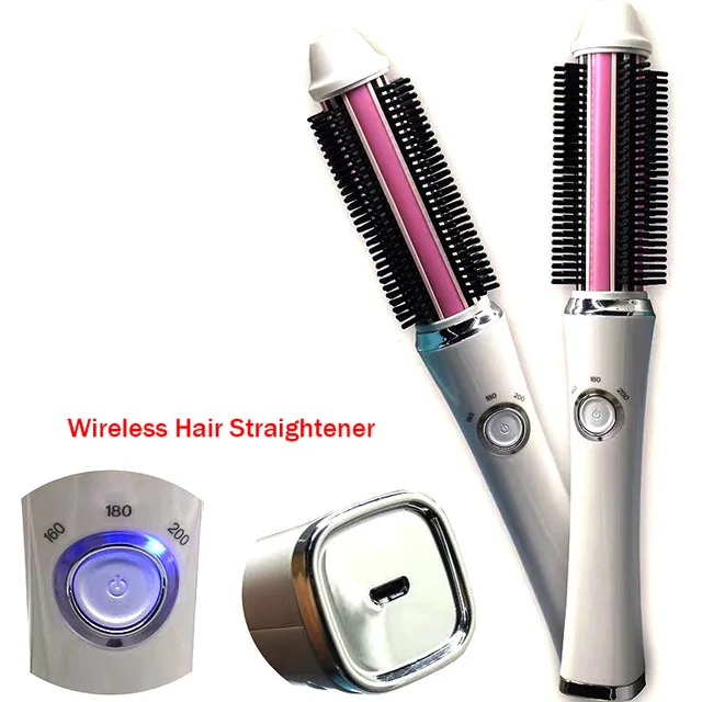

Portable Usb Wireless Mini Hair Curler 2 In 1 Straightener Brush Battery Electrical Curling Brushes Straightening Comb
