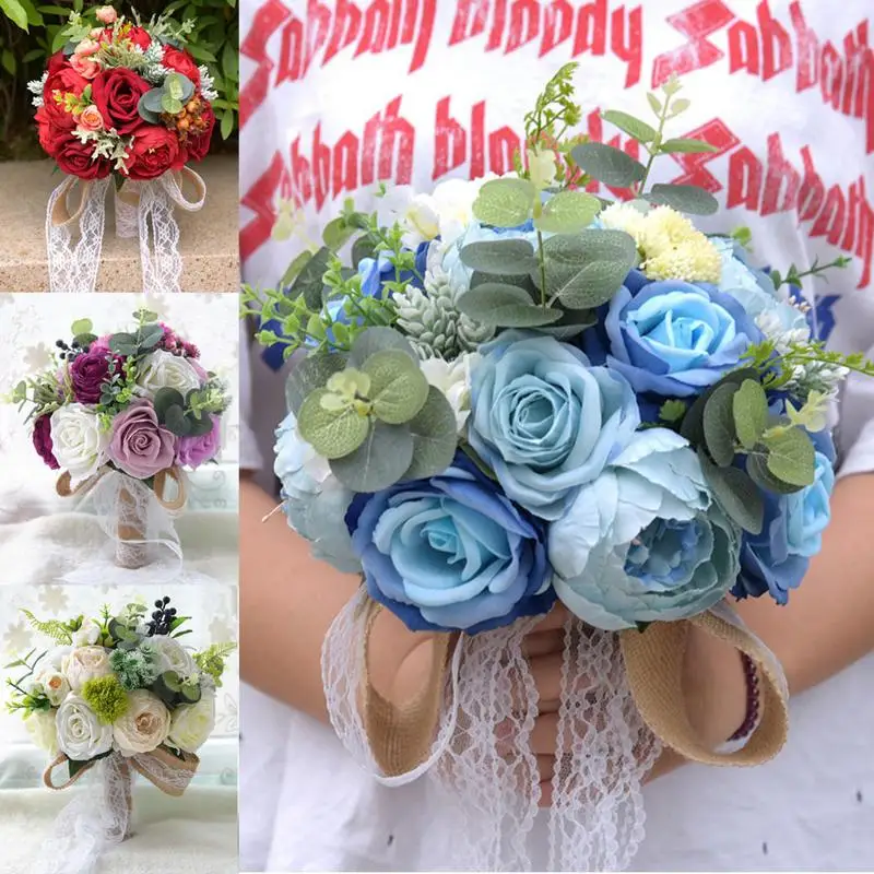 

Hand Holding Flowers Silk Artificial Bouquet Roses Home Decoration Wedding Supplies for Bride flores artificiales Drop shipping