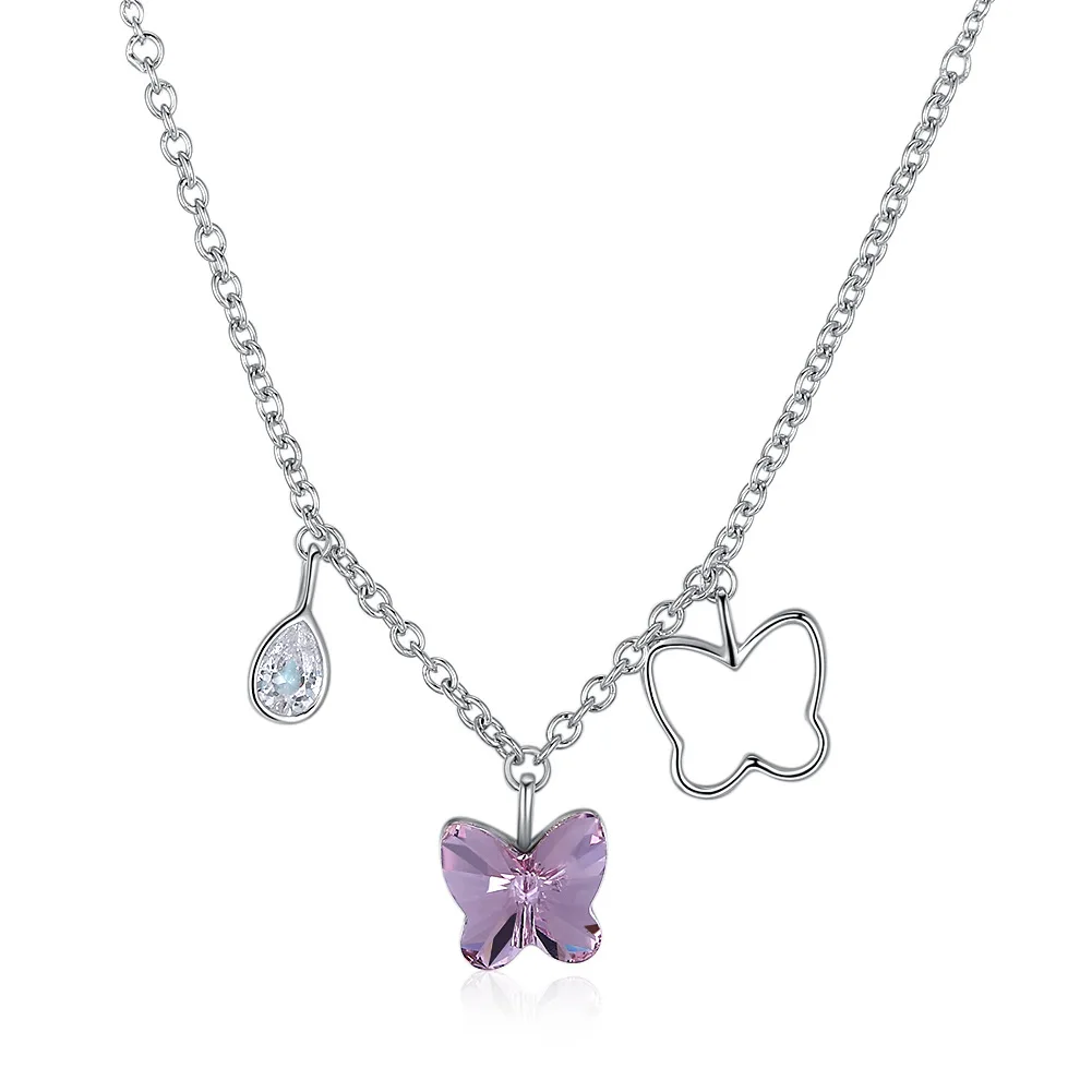 

Genuine 925 sterling silver necklace drop butterfly crystal blue stone three charm pendant necklace for women fine jewelry