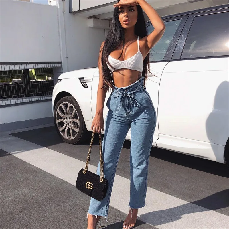 

2019 Spring Summer Women's Straight Slim Mom Jeans Raw-cut High Waist Buds Belt Black Blue Korean Vintage Women Trousers Denim