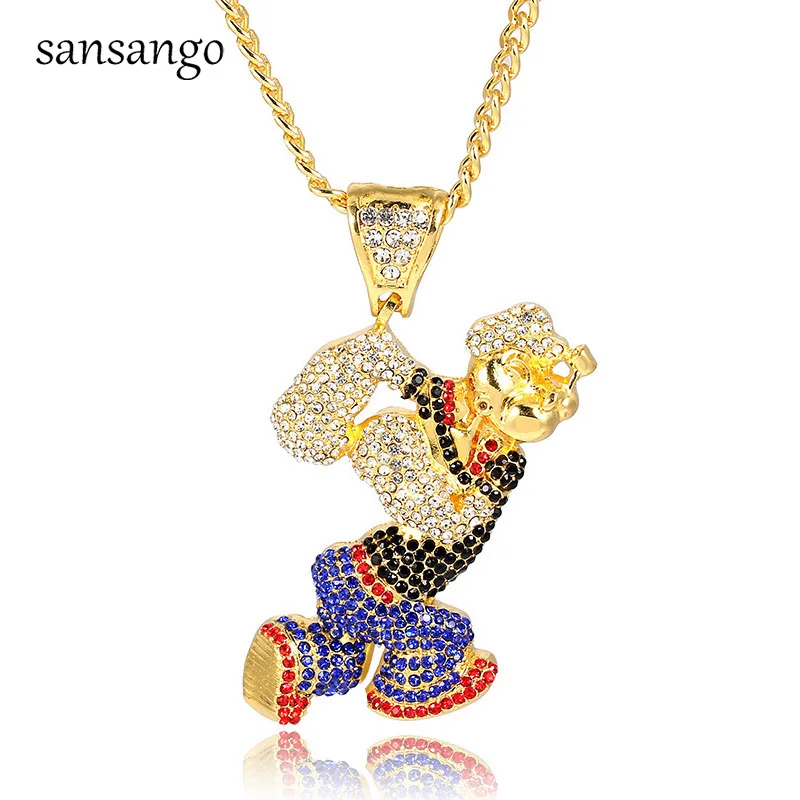 

Hip Hop Bling CZ Crystal Cartoon Movie Popeye Pendant Necklace Silver Gold Long Cuba Chain Necklace Jewelry For Woman Men