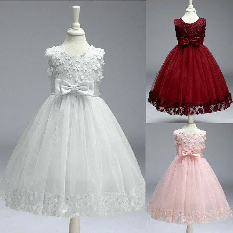 

2-7Y Princess Flower Girls Dress Sleeveless Lace Floral Bowknot Tulle Long Gown for Kids Wedding Bridesmaid 2019 New