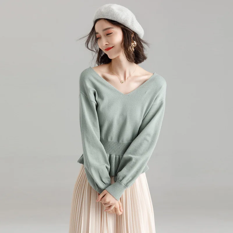  2018 new women's autumn v-neck sweater loose all-match bottoming sweater long-sleeved women's lantern sleeve sweater i6256