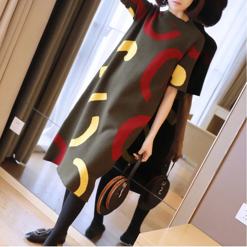 LANMREM Spring Summer New Pattern Korean Knitting Dress Short Sleeve 2020 Contrast Color Printed Cloose Casul Clothing YH182