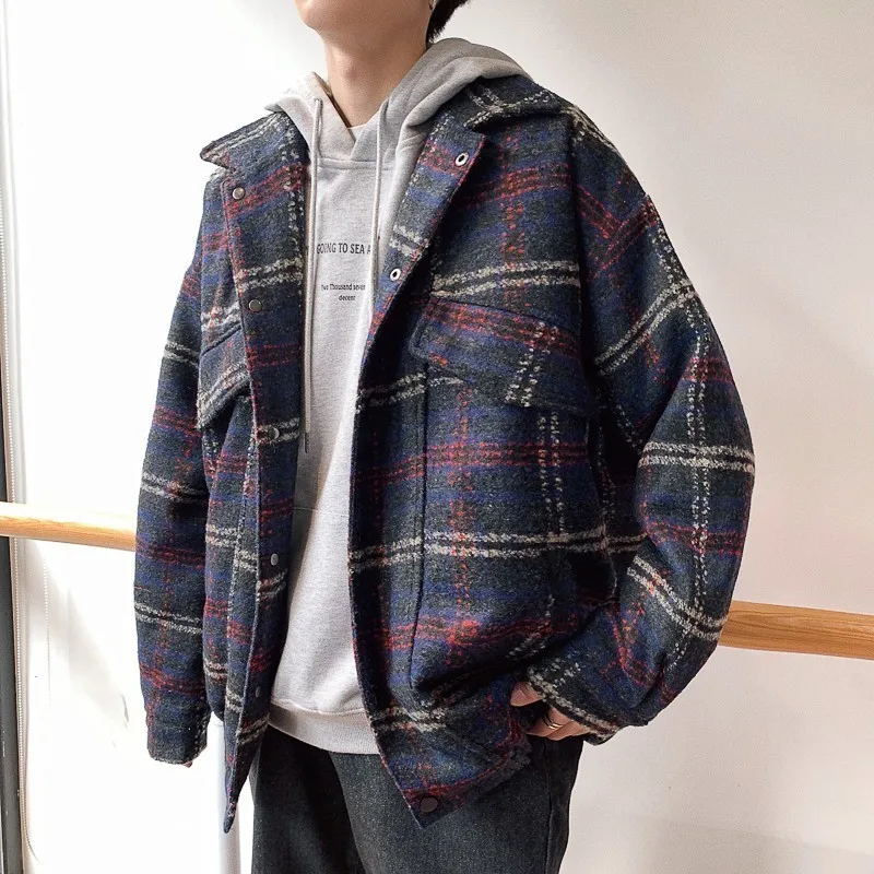2018 зимние корейские Для мужчин Повседневное свободные решетки шерстяной камвольной флисовая утепленная куртка пальто с лацканами плед