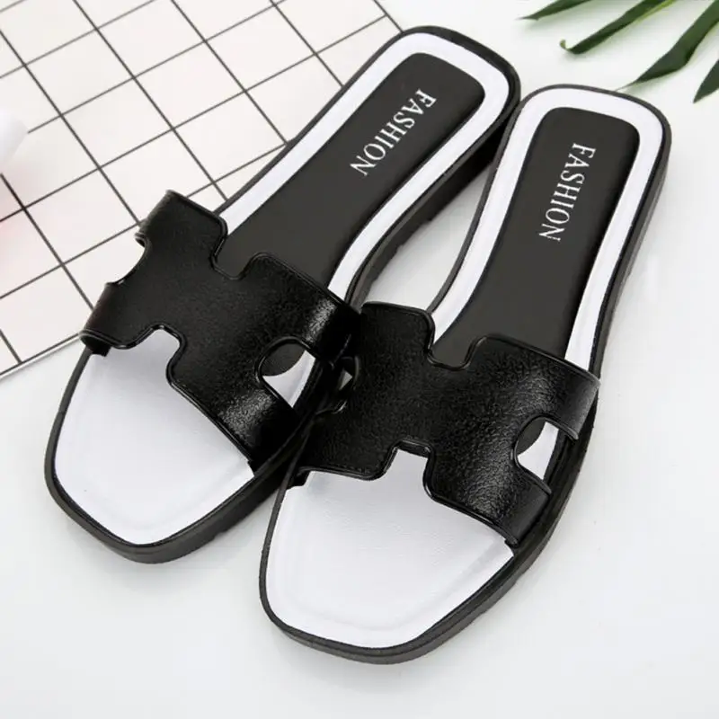 

2019 New Fashion Slippers Women Leather Flat Bottom Wild Casual Sandals Outdoor H Letter #927