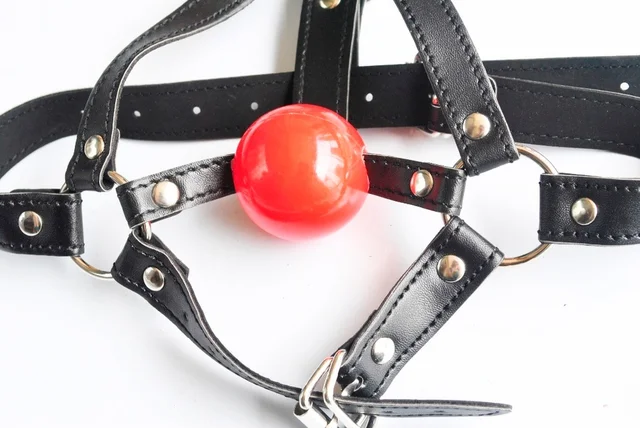PU Leather Head Harness Bondage Open Mouth Gag Restraint Red Silicone Ball Adult Fetish SM
