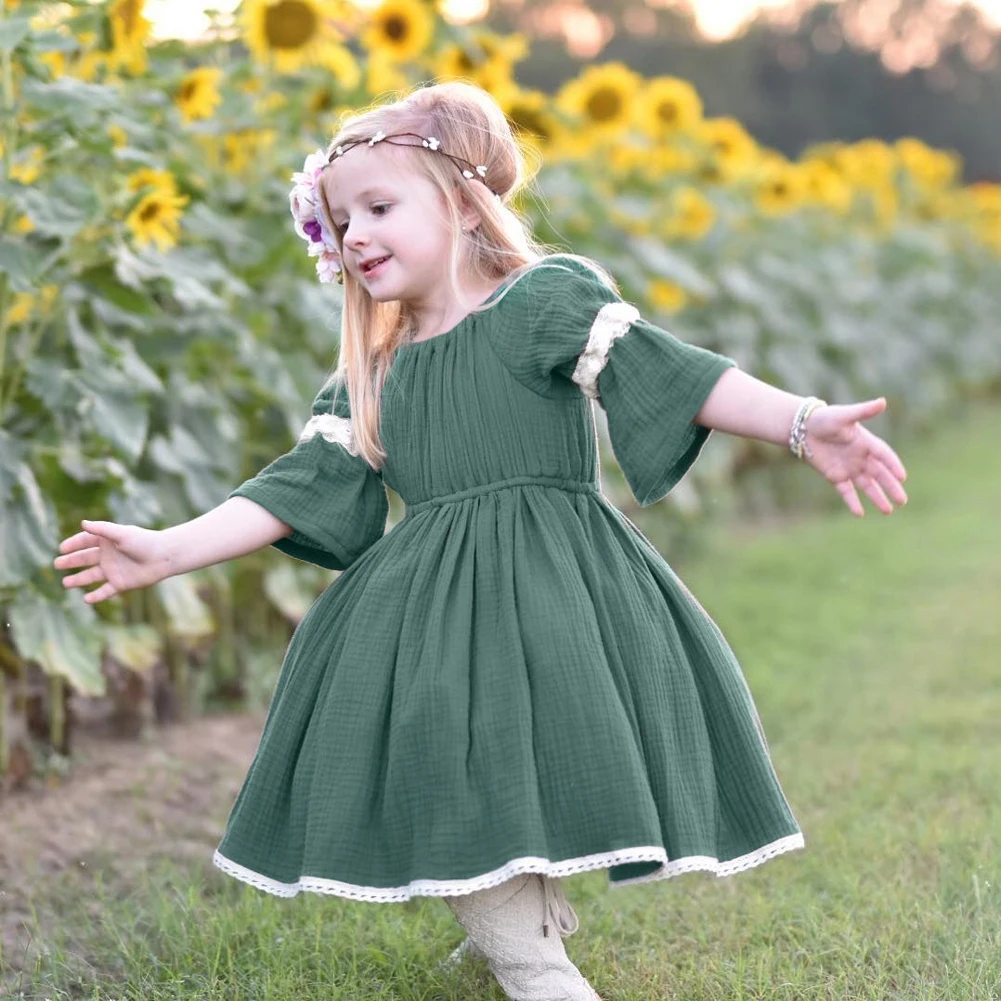 

CANIS 2019 Fashion Kids Sundress Baby Clothes Clothes Hot Toddler Baby Girls Green Lace Cotton Princess Dress Clothes 6M-4T