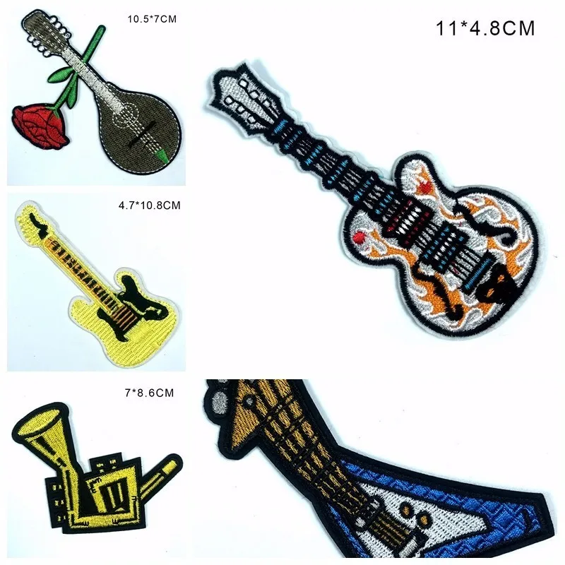 

Rose Rock Guitar BaritoneEmbroidered Iron On Patches for Clothing Musical Instruments Appliques DIY Clothes Coat Badges Parches