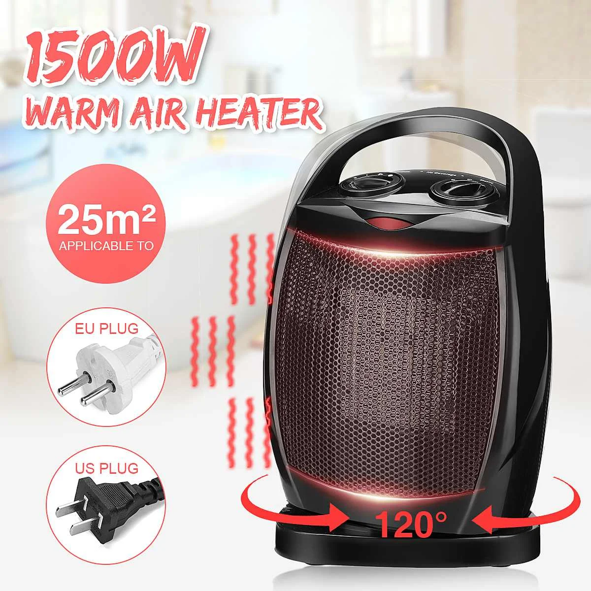

220V/110V 1500W Electric Warm Air Heater Fan PTC Ceramics Rotation Warmer Thermostat Home Office Adjustable with Handle Safe